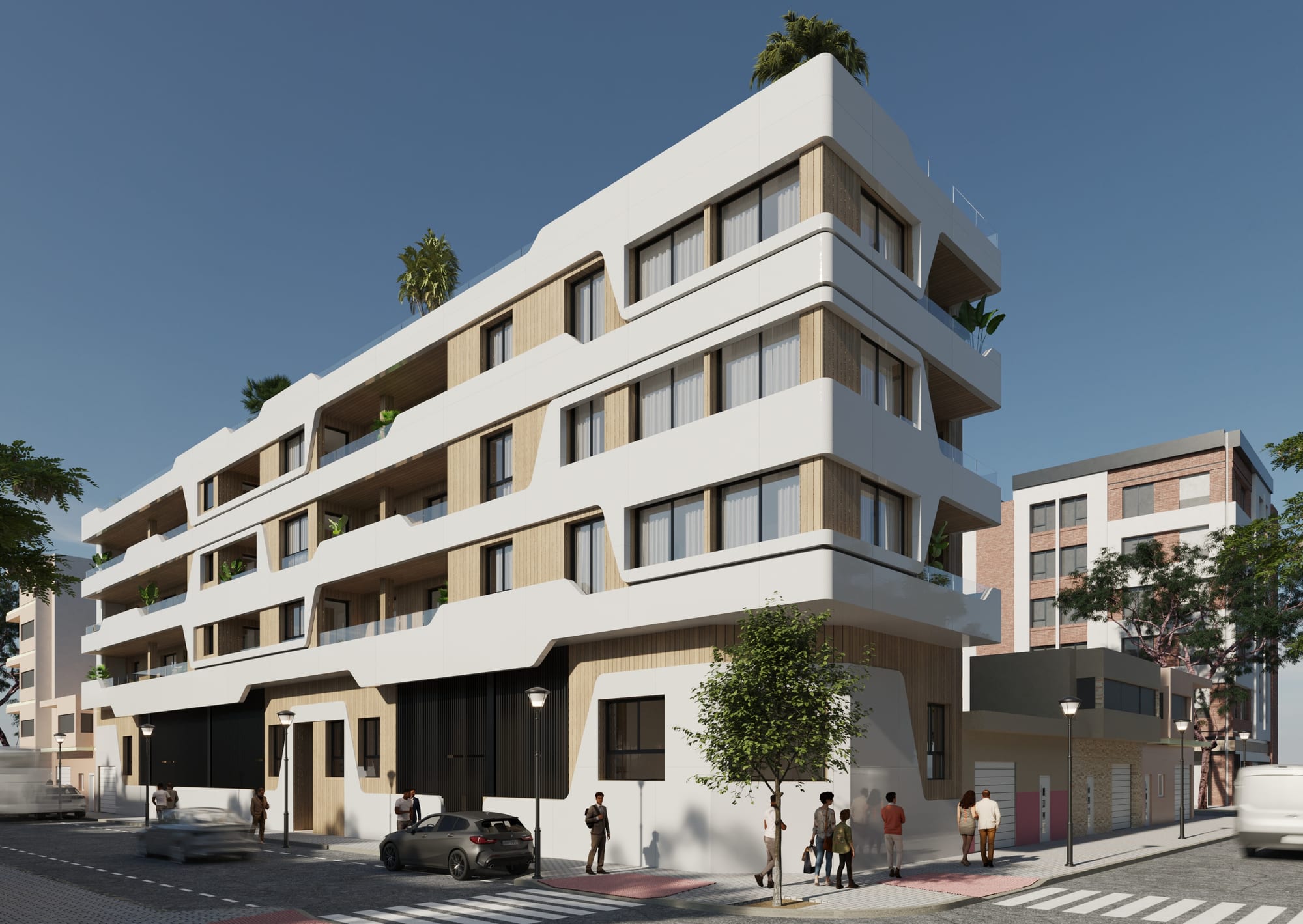 Infografía del edificio Ballemar VI en esquina: cinco plantas blancas con franjas de madera y terrazas.