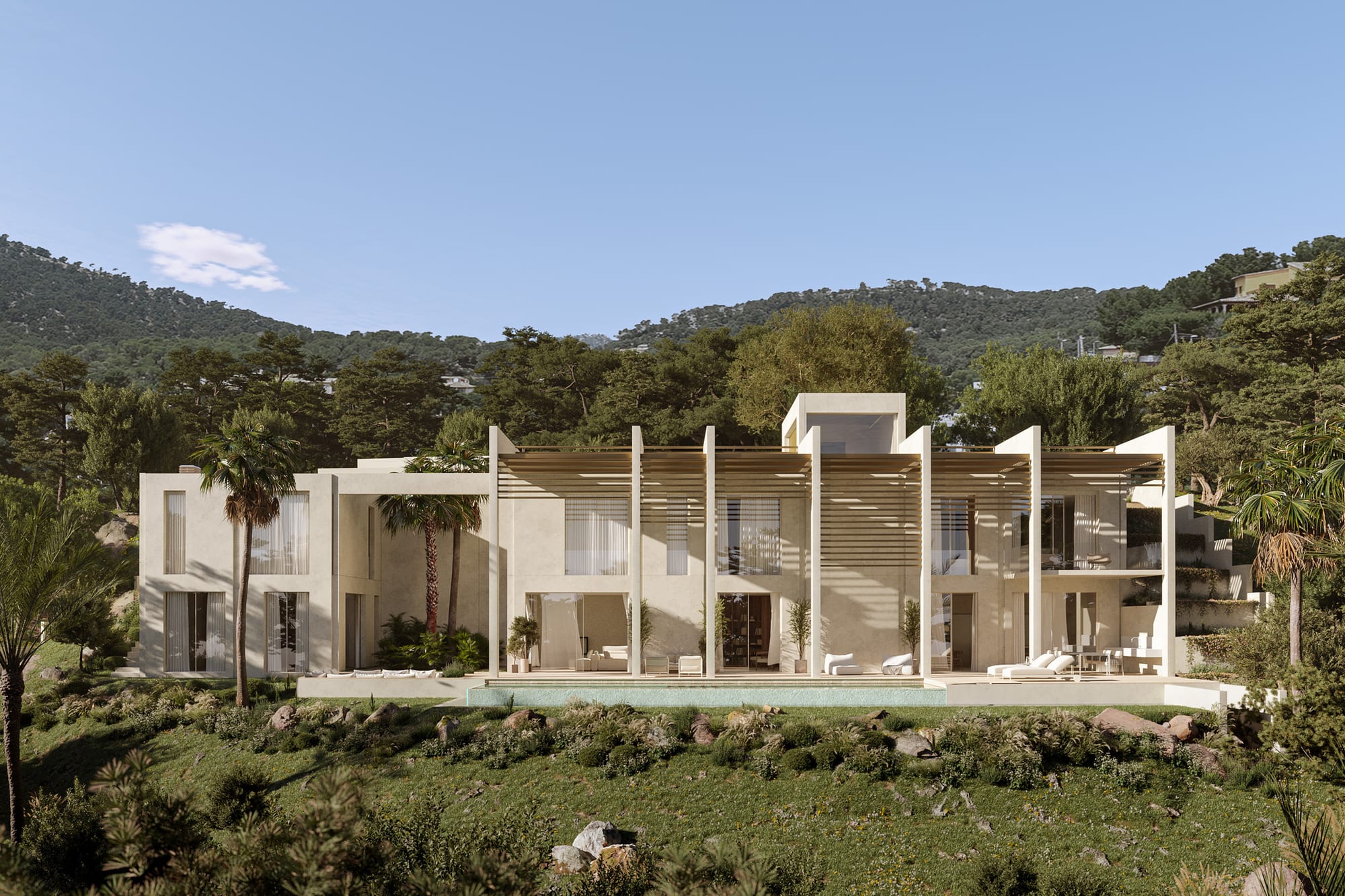 Infografía de la vivienda Gardenia 37: volúmenes claros con pérgola, piscina y vegetación mediterránea en ladera.