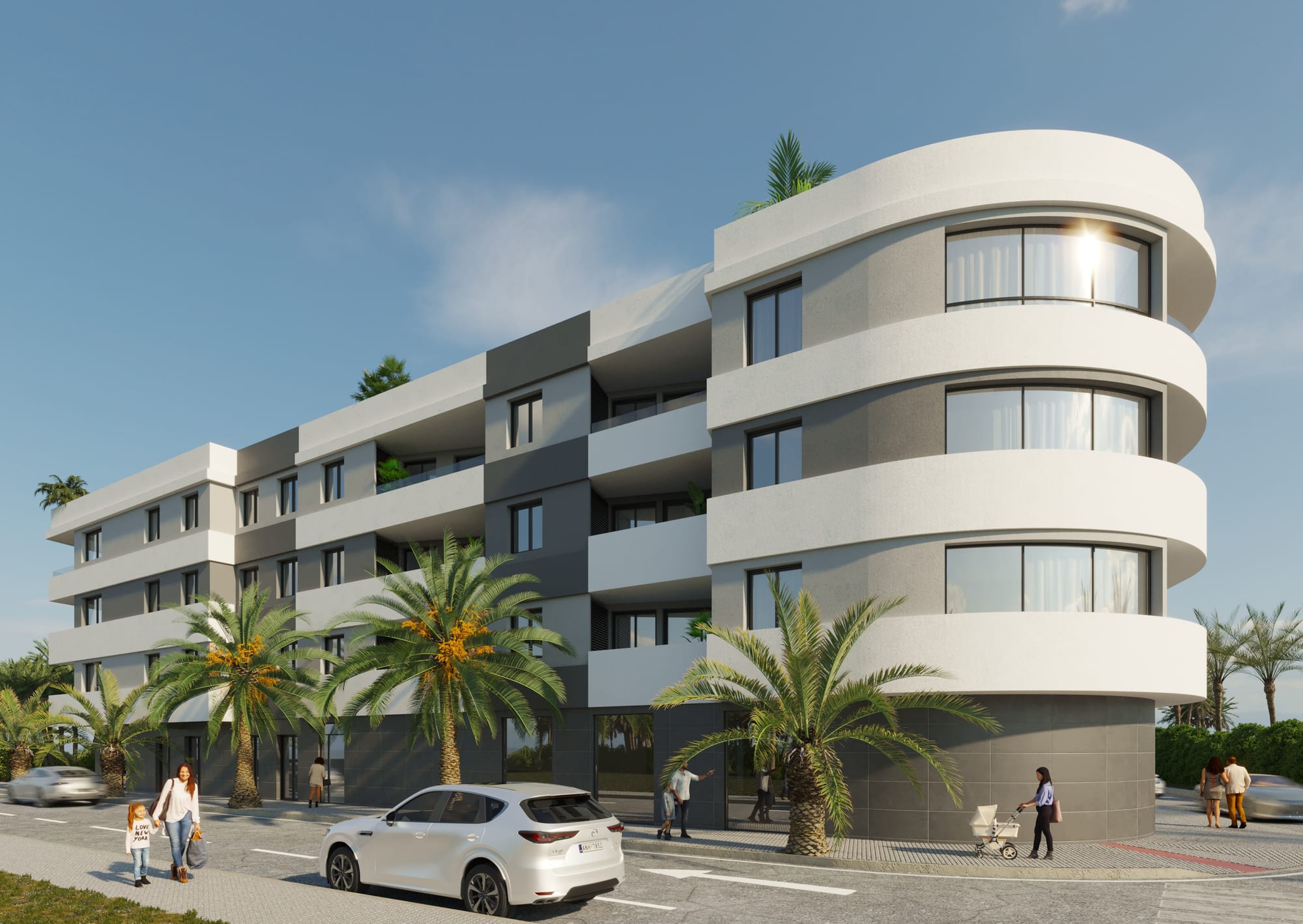 Infografía del edificio de La Hoya: bloque de cuatro plantas con la esquina curva, terrazas y palmeras en la acera.