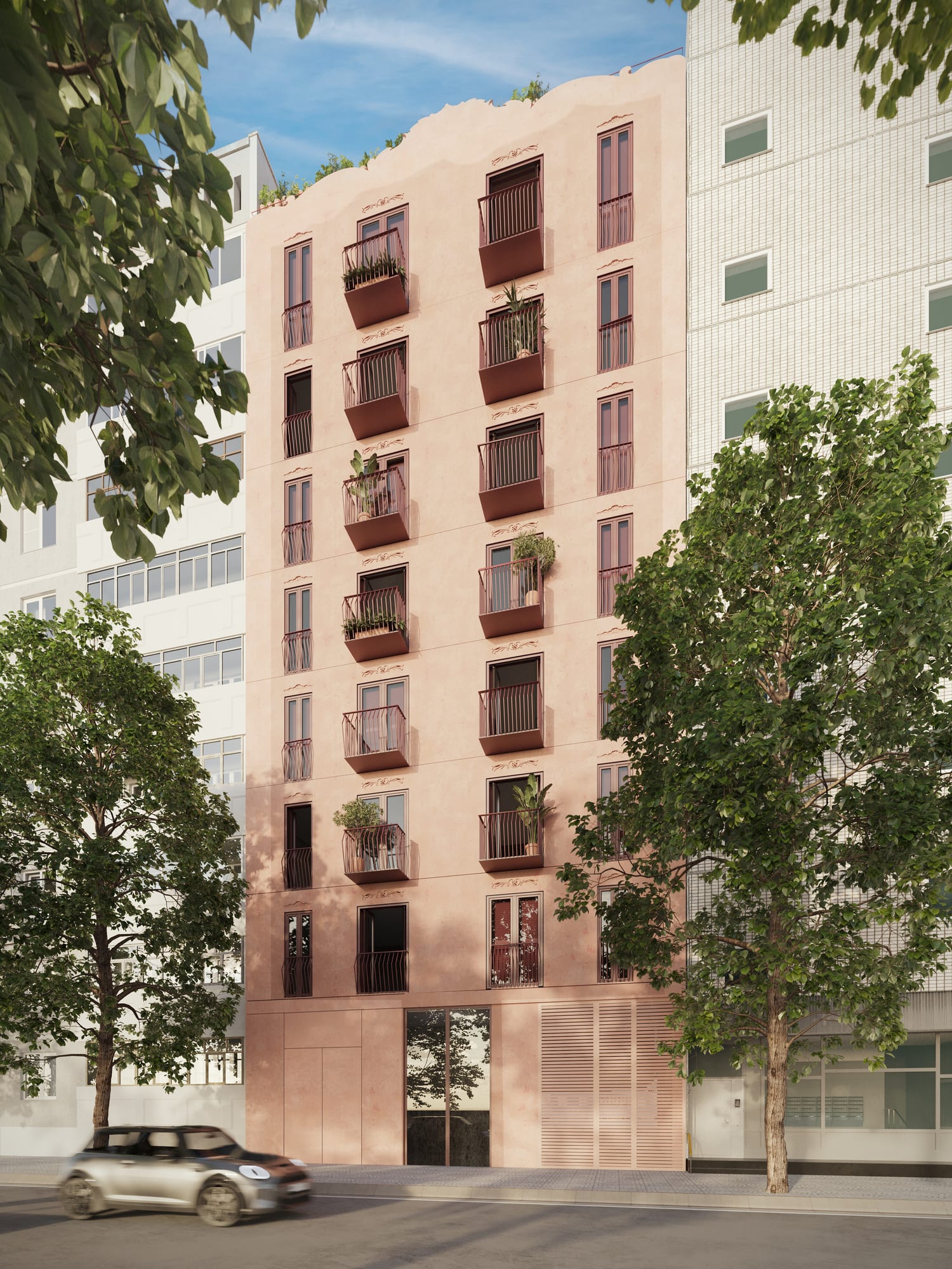 Infografía del edificio El Oasis de Ruzafa: fachada estrecha en tonos rosados con balcones y árboles en la acera.