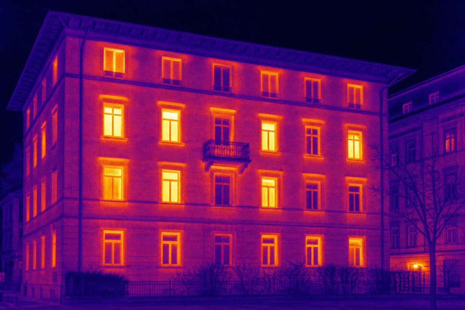 Termografía infrarroja de una fachada: huecos y puentes térmicos en naranja y amarillo sobre muros más fríos.
